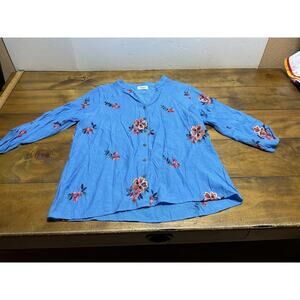 Anthropologie Kindred 1X Blouse Blue Embroidered Boho Peasant